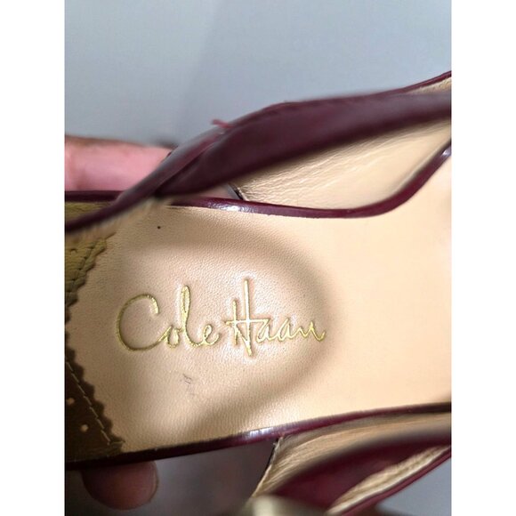 Cole Haan Burgundy Patent Leather Peep Toe Slingback Heels Adjustable Strap Wome - Picture 11 of 12